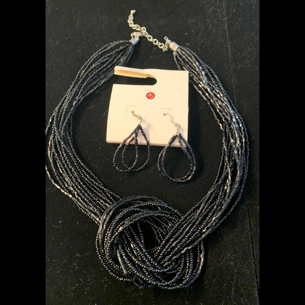 Black Beaded/Knotted Necklace and Earrings